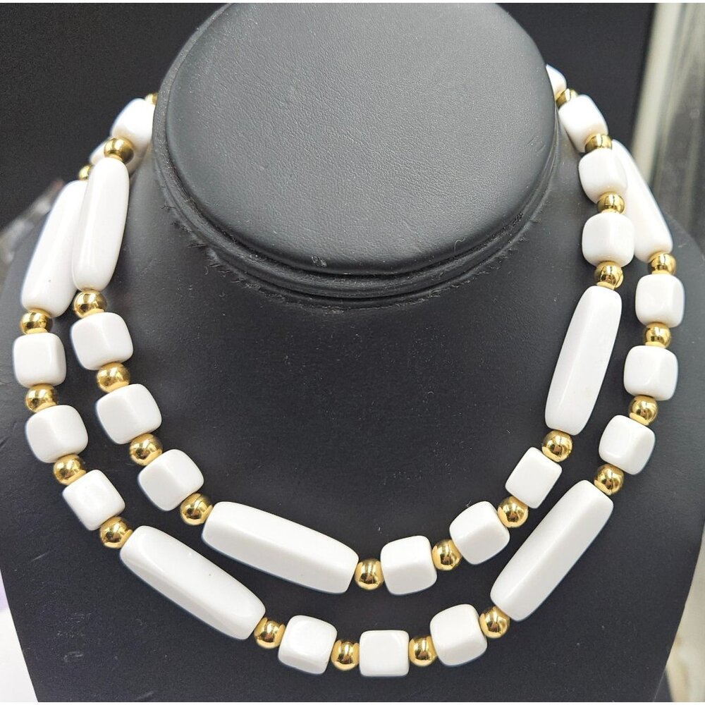 Vintage Trifari White Lucite and Gold Plated Spacer Beaded Necklace 1980s